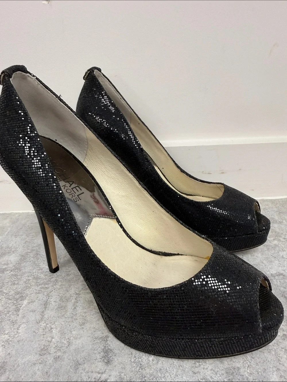 Michael Kors Black Sequin Peep-Toe Stiletto Heels sz 6